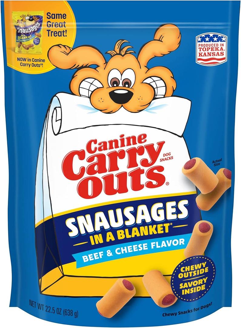 Canine Carry Outs Dog Treats, Snausages in a Blanket, Beef & Cheese Flavor, 22.5 Ounce (Pack of 4), Chewy Outside, Savory Inside, Best By: 09/16/2026
