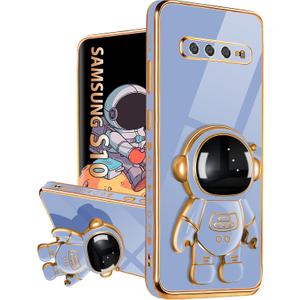 for Samsung Galaxy S10 Case, Galaxy S10 Cases with Astronaut Stand for Women Girls, Girly Cute Spaceman Love Heart Gold Plating 6D Phone Cover with Kickstand for S10 6.1 Inch Dark Blue