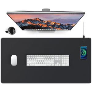 Mouse Pad with Wireless Charging, PU Leather Fast Charging Gaming Mouse Pad, Waterproof Anti-Slip Surface, Easy Clean Office Table Mat, 32L x 16W x 0.15H inches, Black(Right Side Charging Port)