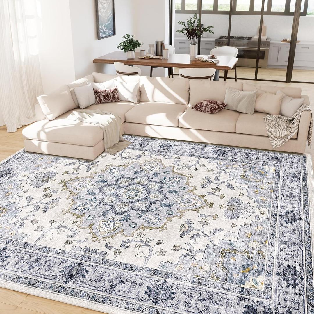 Machine Washable 9x12 Area Rugs for Living Room Vintage Carpet Non Slip Low Pile Water Repellent Soft Print Pattern for Bedroom Indoor Decor Polyester Rug Bluewhite