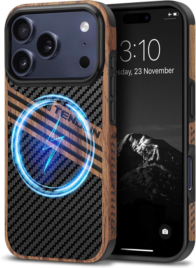 TENDLIN Magnetic Case Compatible with iPhone 17 Pro Max Case Wood Grain with Carbon Fiber Texture Design Leather Hybrid Slim Cover (Compatible with MagSafe) Three Stripe