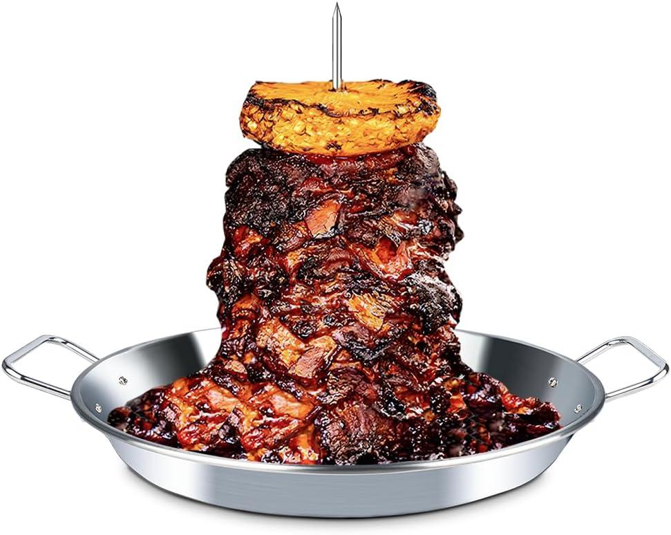 BBQ Vertical Skewer Al Pastor for Grill-Vertical Spit with 13" Base Pan for Tacos Al Pastor, Vertical Rotisserie Shawarma-Grilling Accessory with 3 Spikes (8",10" and 12")