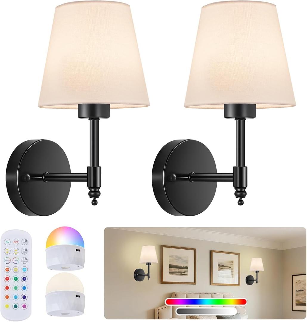 Battery Operated Wall Sconces Set of Two, Rechargeable Wireless Wall Lights with RGB Dimmable Magnetic Bulb and Remote,15 Colors Options Wireless Wall Lamps for Bedroom Living Room Hallway -black