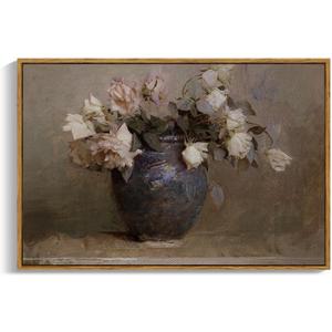 InSimSea Framed Canvas Wall Art Vintage Decor, Retro Floral Rustic Decorations for Living Room, Farmhouse Wall Decor for Living Room Bedroom, 24"x36" (Roses in Vase)