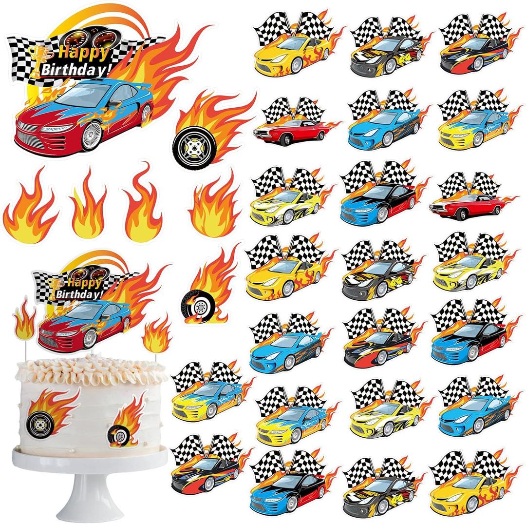 55 Pcs Race Car Cupcake Toppers Hot Happy Birthday Cake Wheels Toppers Checkered Flag Fire Car Theme Party Decoration for Boy Girl DIY Decorations