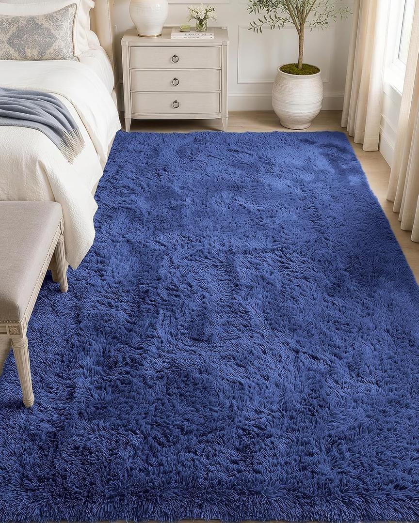 OLANLY 5x6 Area Rugs for Living Room Bedroom, Machine Washable Soft Fluffy Shaggy Bedside Rug, Indoor Floor Carpet for Kids Girls and Boys, Dorms, Nursery Rooms, Home Decor Aesthetic, Navy Blue