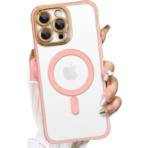 Fiyart Designed for iPhone 16 Pro Max Case,Compatible with MagSafe Plating Removable Lens Cover Clear Magnetic Shockproof Phone Bumper for Women Girls 6.9"-Pink