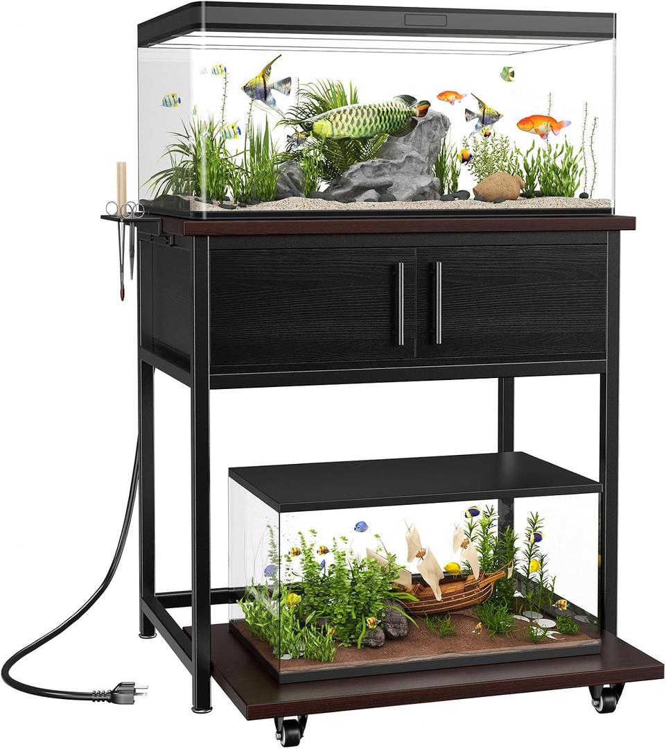 20-29 Gallon Fish Tank Stand with Power Outlet and Storage Cabinet,Aquarium Stand with Slide-Out Fish Tank Shelf,Heavy Duty Metal Frame and Waterproof Wood,31.5" L x 15.7" W 770LBS Capacity