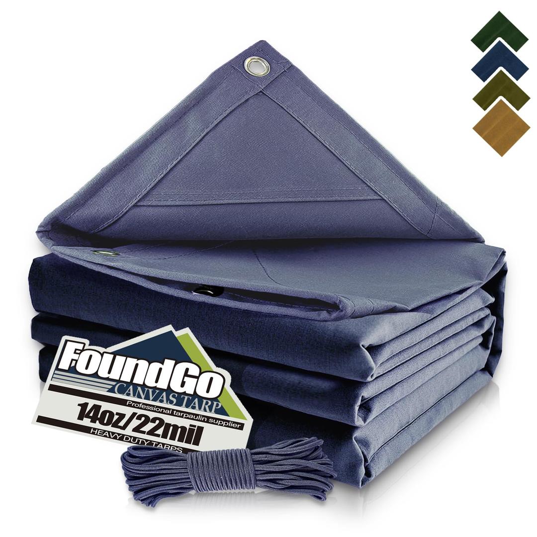 FoundGo Canvas Tarp 20x24ft Heavy Duty Waterresistant Tarps with Grommets, UV Resistant, 22 Mil Tarpaulin,14 oz Durable Cloth Covers for Car, Roof, Boat, Camp, Canopy, Woodpile with Ropes-Blue