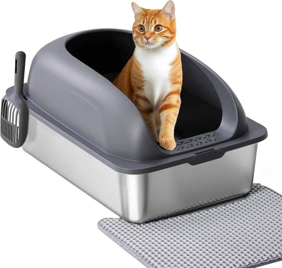 OLIXIS Stainless Steel Cat Litter Box with Lid, Large Cat Litter Box for Big Cats, High Wall Sides, Anti-Urine Leakage, Easy Cleaning, Scoop and Mat Included, Dark Gray