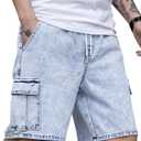OYOANGLE Men's Drawstring Elastic Waist Flap Pocket Straight Cargo Jean Denim Shorts (Medium)