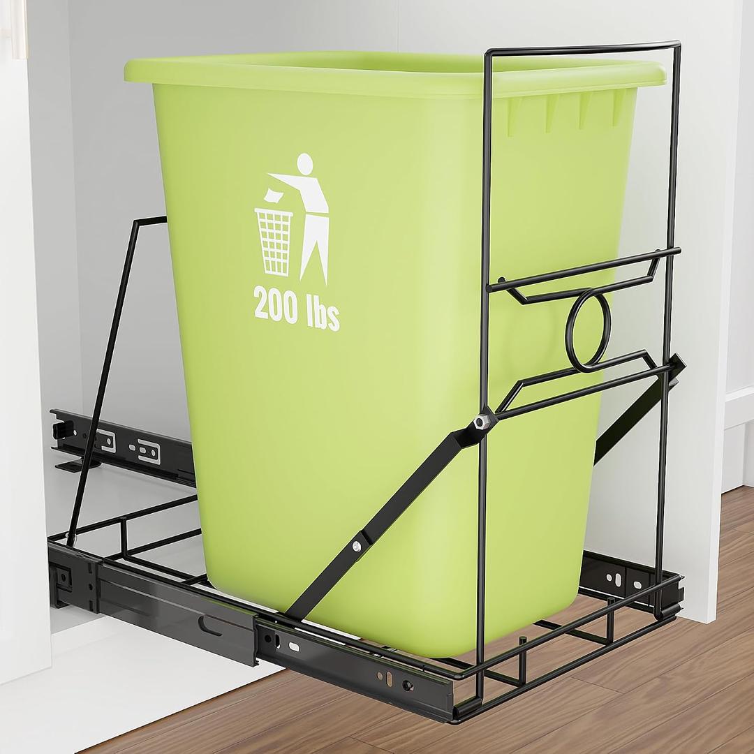 Upgraded Stainless Steel Pull-Out Trash Can Holder, Heavy-Duty Slide-Out Cabinet Organizer for 711 Gallon Bins, Black(Trash Can Not Included)
