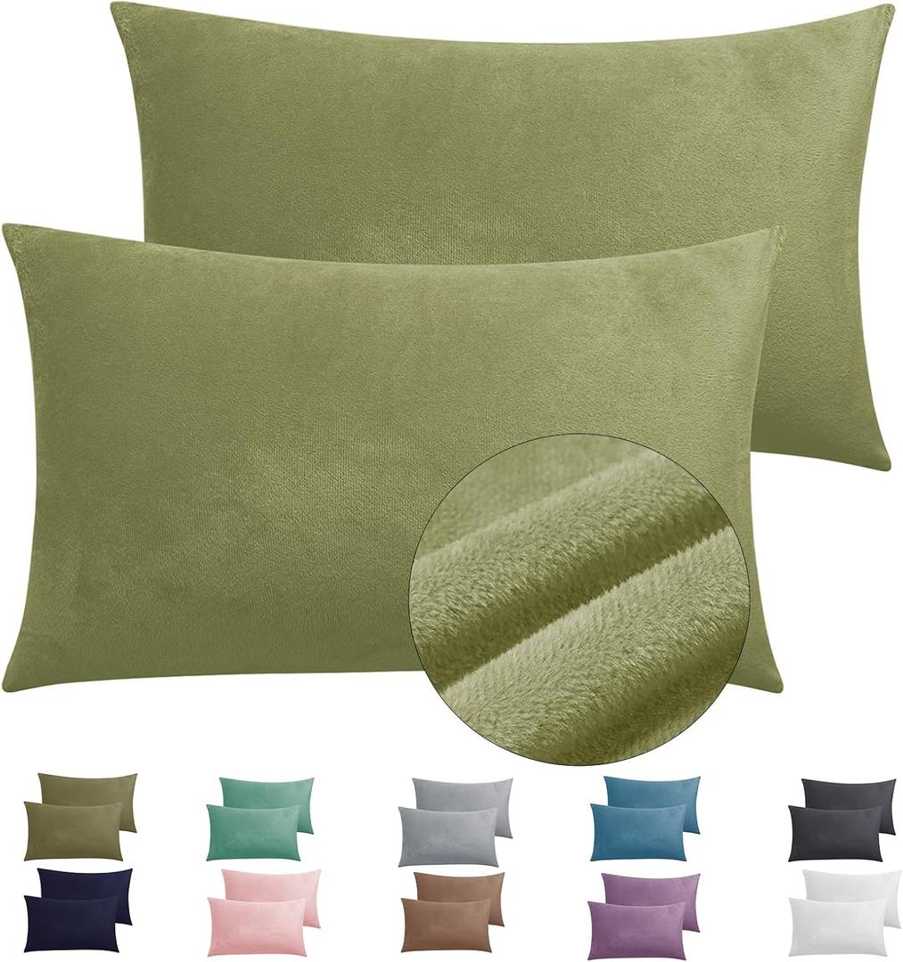 2 Pack Zippered Velvet Standard Pillowcases, Super Soft and Cozy Luxury Fuzzy Flannel Pillow Cases with Zipper, 20x26 Inches, Army Green