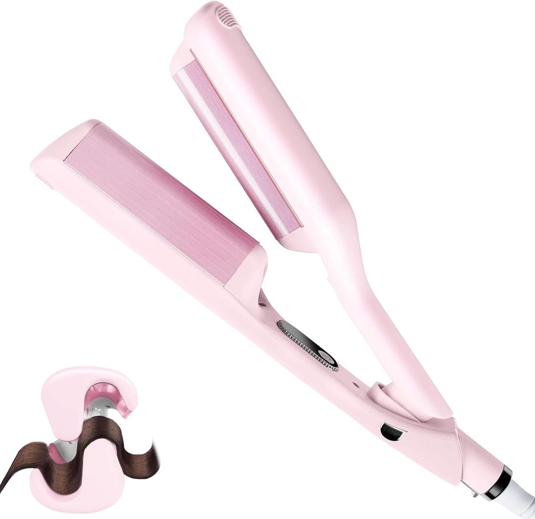 1 1/4 Inch Hair Waver Crimper,Cimper Tool Hair Crimper Waver,Deep Wave Iron with 2 Ceramic Barrel,Pink
