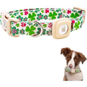 3 x Elegant little tail Airtag Dog Collar, St Patrick's Dog Collar Pet with Airtag Holder Holiday Pet Collar Cute Puppy Collar Adjustable Pet Dog Collars for Large Dogs (Large (Pack of 1), Pink Lucky Clover)