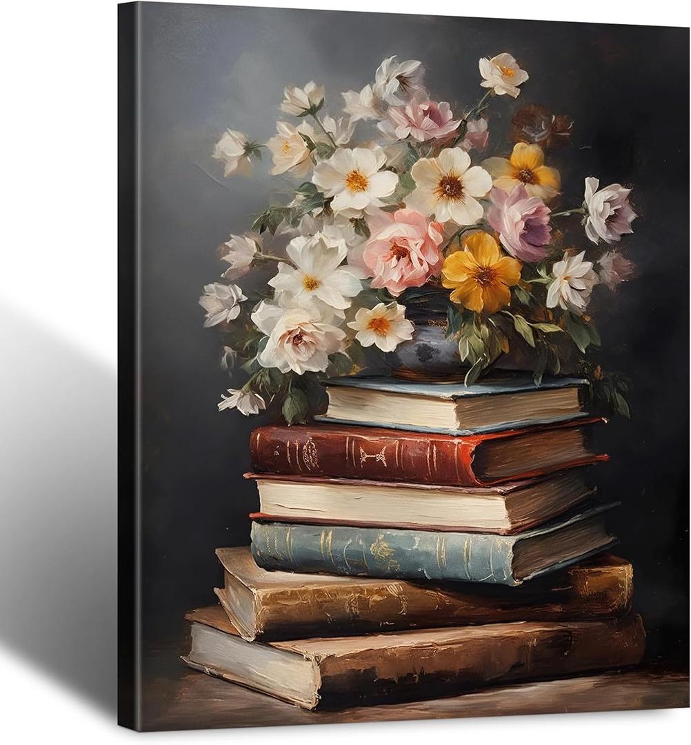 Moody Flower Books Canvas Wall Art, Framed Wall Art Vintage Floral Books Still Life Pictures Rustic Antique Prints Dark Academia Floral Artwork for Bedroom Living Room Decor (12x16inch)