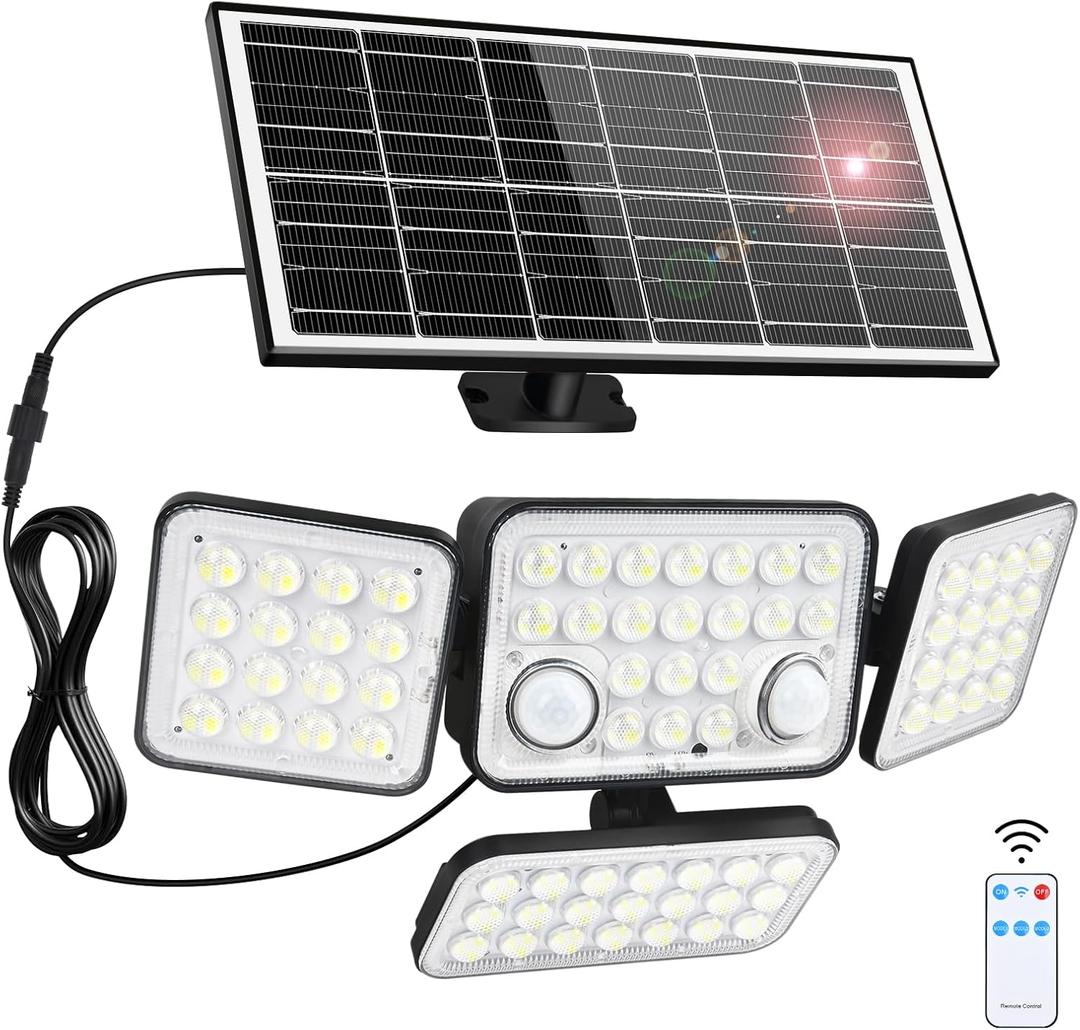 Aialun Solar Security Lights Outdoor with Dual Motion Sensor, 8500K 292 LEDs 4 Heads Split Solar Flood Lights with 16.4ft Cable&Remote Control, 3 Mode Flood Wall Lights for Backyard, Garage-1 Pack