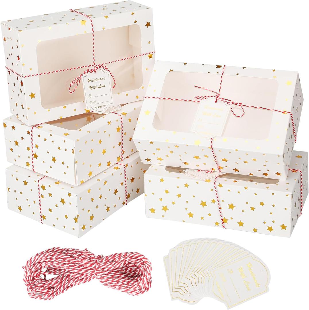 Zzrywuty 24 PCS Christmas Cookie Boxes for Gift Giving Golden Star White Bakery Boxes with Window,Christmas Treat Boxes for Pastry Dessert Cupcakes Mini Cake Pie Candy Donut,Baking Goods Packing Box
