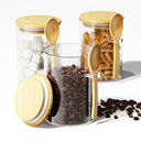 Coffee Sugar Container Salts Jars - 15oz Glass Airtight Caning with Bamboo Lids and Spoons Scoop, Storage Overnight Oats, Spice, Creamer, Food Organizer, Set of 3