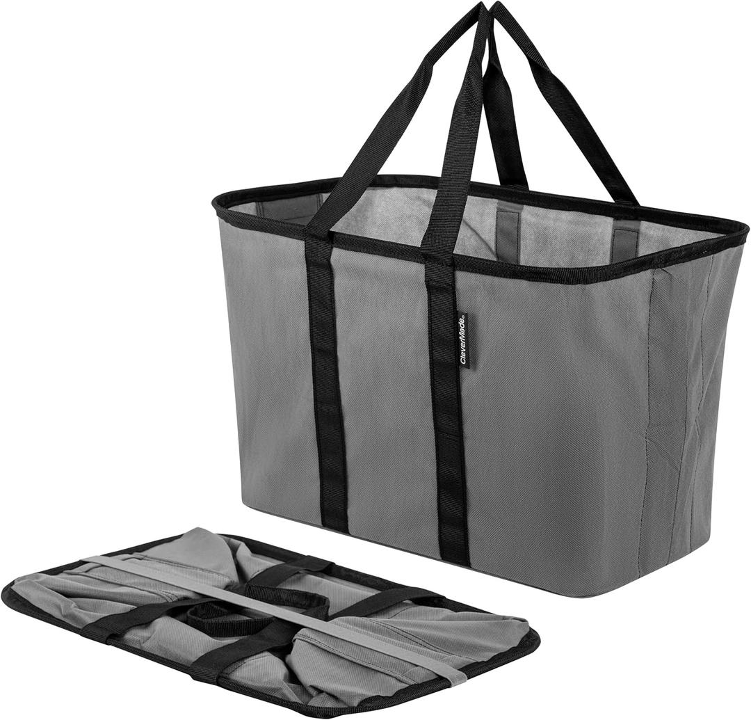 CleverMade EcoBasket Reusable Grocery Tote - 30L - Pack of 1 - Gray Black - Collapsible Storage Shopping Organizer - Heavy Duty Utility Bag Home