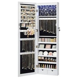 SONGMICS 6 LEDs Mirror Jewelry Cabinet, 47.2-Inch Tall Lockable Wall or Door Mounted Jewelry Armoire Organizer with Mirror, 2 Drawers, 3.9 x 14.6 x 47.2 Inches, White UJJC93W