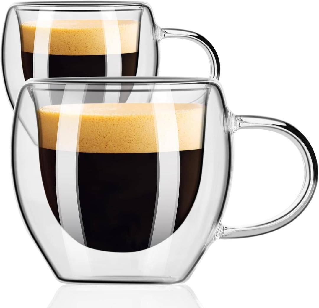PARACITY Espresso Cups Set of 2, Double Walled Espresso Shot Glass with Handle, 2.7 OZ High Borosilicate Expresso Shots Cup, Espresso Accessories