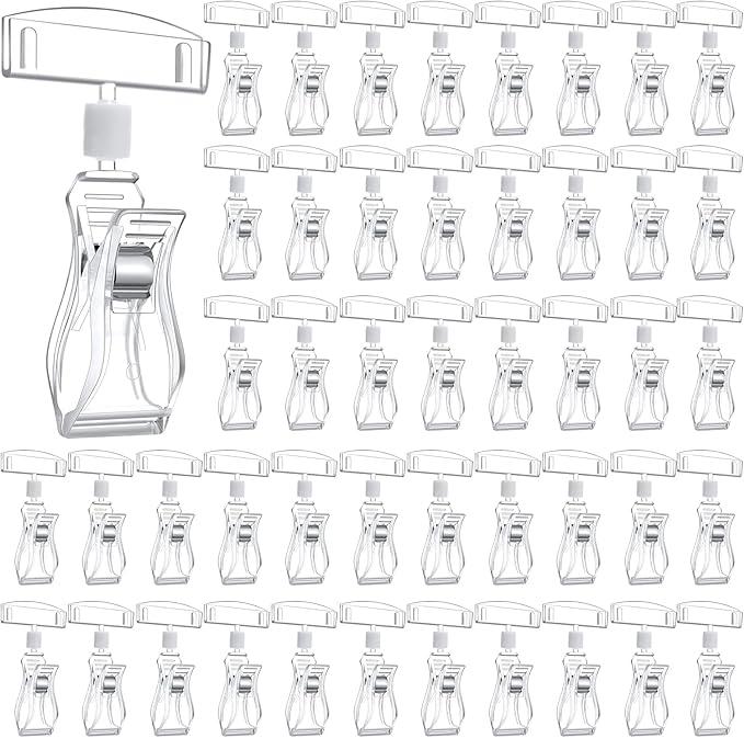 Honeydak 100 Pcs Clear Sign Holder Clips Bulk for Retail Display, Plastic Shelf Price Sign Clamps, Double Sided Clips Label Tag, Clear Retail Merchandising Display Tags for Rack, Baskets