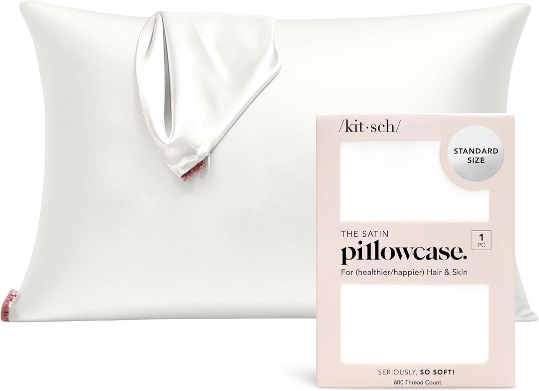 Kitsch Satin Pillowcase with Zipper for Hair & Skin, Softer Than Silk Pillow Cases Standard Size, Wrinkle-Free, Smooth and Cooling Satin Pillow Covers, 19"x26" - Ivory