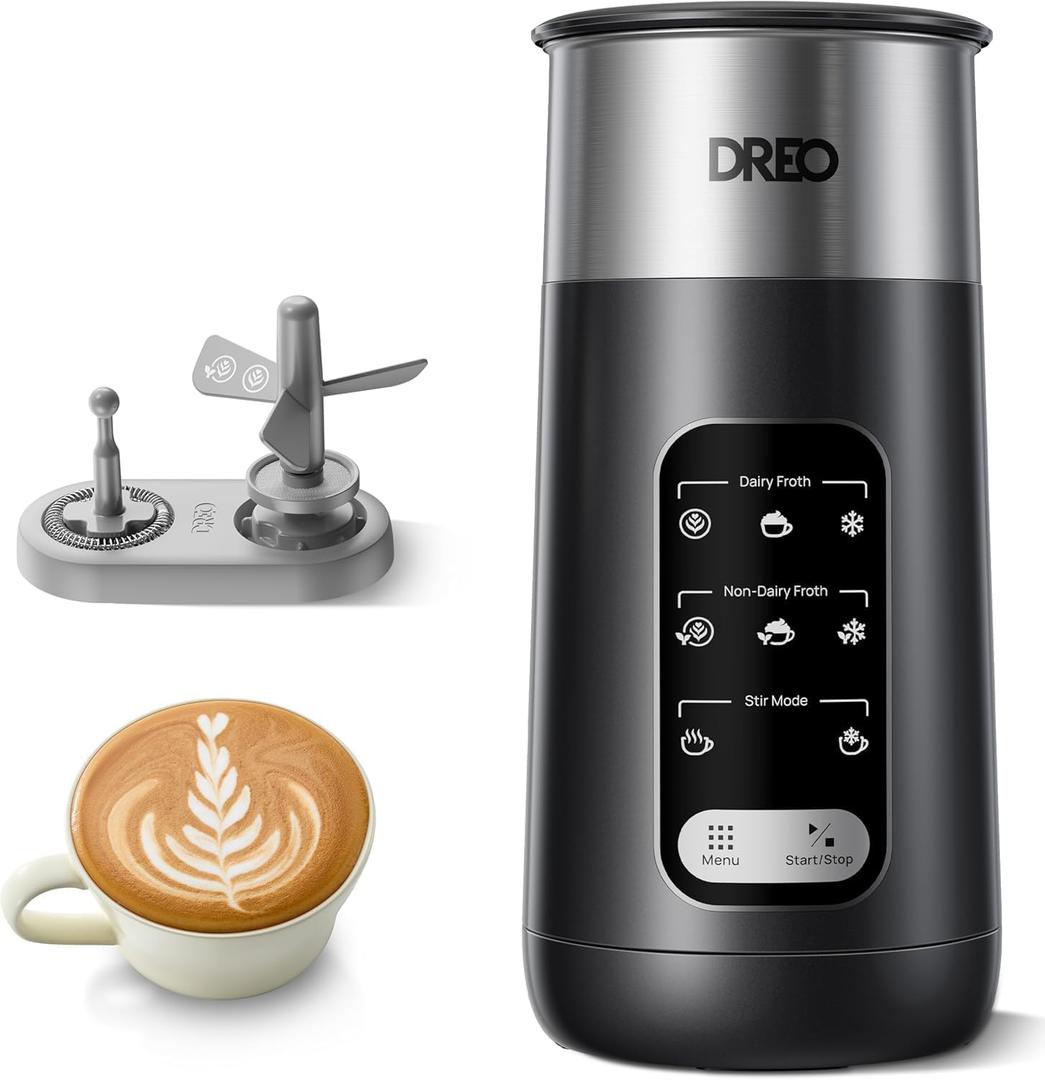 DREO Milk Frother, 8-in-1 Electric Frother for Latte Art Coffee, 9oz/270ml Warm and Cold Foam Automatic Frothers for Dairy and Non-Dairy Milk, LED, Easy to Clean, BaristaMaker Air (Small, Black)