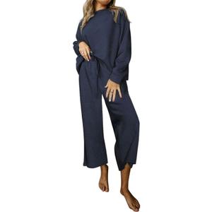 SHEWIN Women's 2 Piece Outfits Sweatsuit Casual Long Sleeve Pullover Tops and Drawstring Wide Leg Pants Lounge Sets (Blue, S)