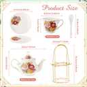 Zhehao 20 Pcs Porcelain Tea Set with Metal Holder and Spoon Adult Ceramic Tea Set European Flower Painting Teapot Cup Saucer Spoon for Women Mom Gift, Large Version (Groovy Style)