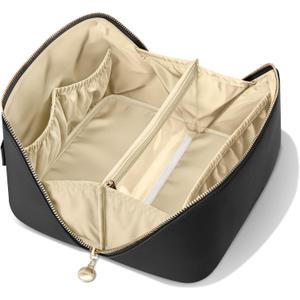 Travel Makeup Bag, Large Capacity Cosmetic Bags for Women, Waterproof Portable Pouch Open Flat Make up Organizer Bag with Dividers and Handle, Toiletry Bag for Essentials (Medium, Black)