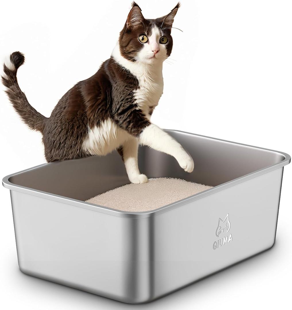 Stainless Steel Litter Box with Handle, Large Metal Cat Litter Box with High Sided for Big and Small Cats, Kitty Litter Boxes, Non-Stick, Easy to Clean, Odor-Free, Cat ToiletLitterbox (19.5"L13.6"W7.8"H)