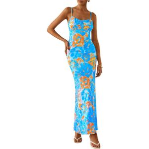 PRETTYGARDEN Women's Floral Bodycon Maxi Dress Summer Beach Sundress Sleeveless Spaghetti Strap Wedding Guest Dress (Blue, M)