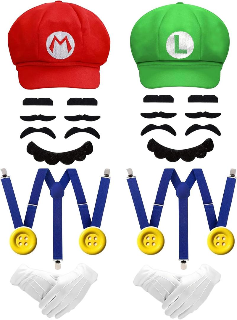 Red and Green Hat Costume Accessories Halloween Women Mens Kit with Hat, Mustaches, Suspenders, Gloves Buttons Adult