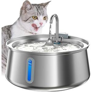 Homtyler Stainless Steel Cat Water Fountain, Pet Water Fountain 2.1L/72 oz, Dog Water Dispenser with Water Level Window, Multiple Filtration, Quiet Automatic Pet Fountain Easy Clean, 1Faucet