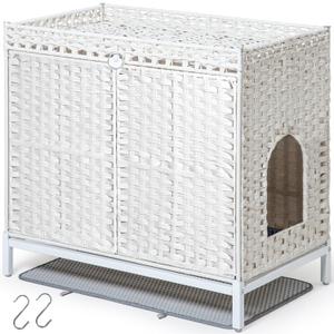 Cat Litter Box Enclosure Furniture, Hidden Handwoven Rattan Litter Box with Mat, Large Cat House with Metal Heightened Feet, 30.3 x 18.3 x 28 Inches, Indoor for Living Room, Bedroom White