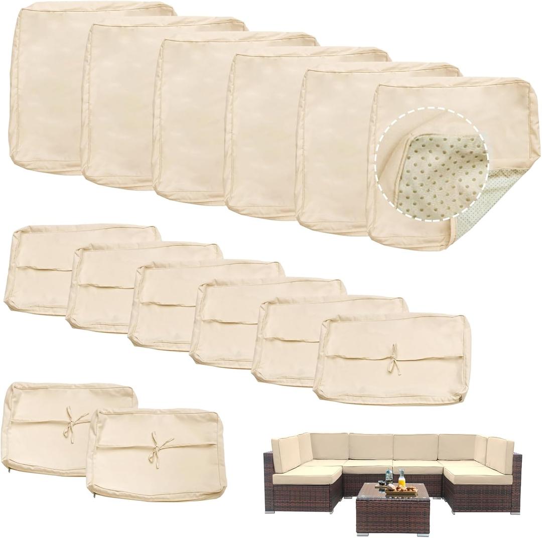 Bextile 14 Piece Outdoor Patio Cushion Covers Replacement, Outdoor Cushion Slipcovers, Water-Resistant Patio Furniture Cushion Covers with Zipper (Beige)