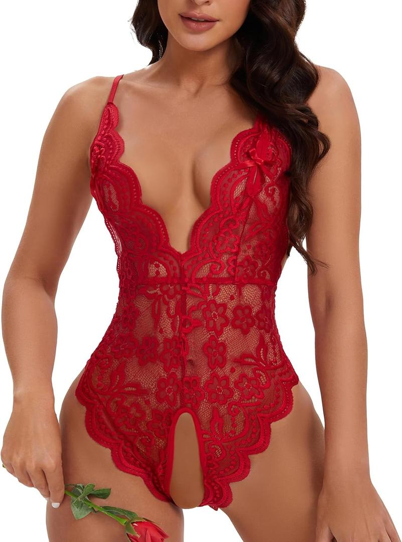 Women One Piece Lingerie Lace Bodysuit Deep V sexy Teddy Lingerie, Size: Small