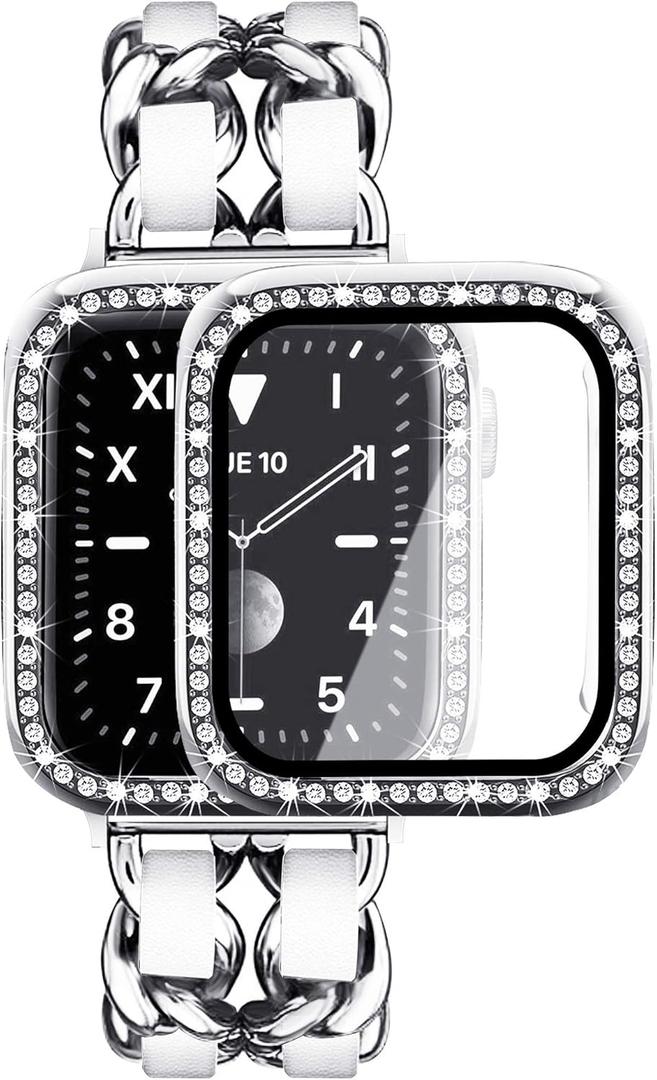Mosonio Compatible for Apple Watch Band 44mm with Screen Protectors Case Women, Jewelry Bracelet Metal Bands with 2-Pack Bling Case Cover for 44mm iWatch Series SE 6 5 4(Silver Link with White Leather) Mosonio Compatible for Apple Watch Band 44mm with Screen Protectors Case Women, Jewelry Bracelet Metal Bands with 2-Pack Bling Case Cover for 44mm iWatch Series SE 6 5 4(Silver Link with White Leather)