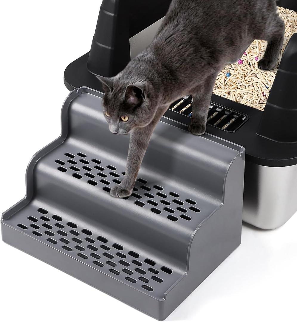 Cat Litter Box Ramp, 3-Step Cat Step for Litter Box with Filter Function, Removable Tray, Washable and Easy to Clean, Filter Pedal Stair for Kitten & Elderly Cats (Dark Grey)