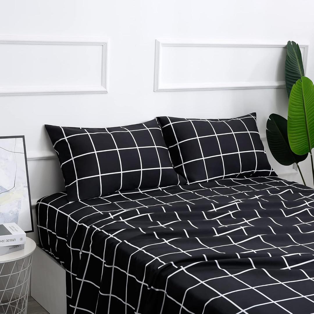 Bed Sheet Set 4 Pieces -Full Size-Soft Durable Microfiber Bedding Sheet Set,Deep Pocket,Stain,Fade & Wrinkle Resistant (Plaid Black)