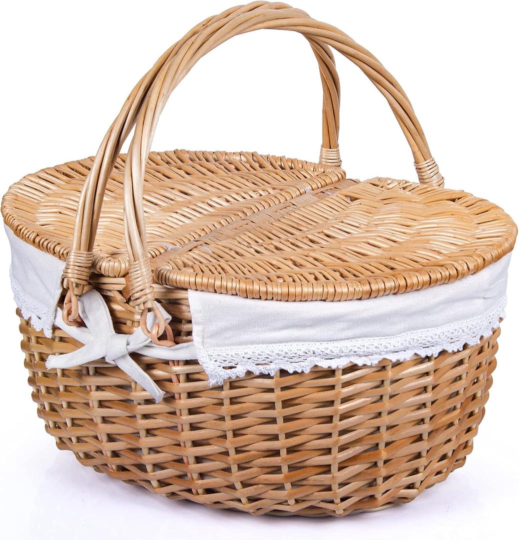 Wicker Picnic Basket with Lid and Handle Sturdy Woven Body with Washable Lining for Easter,Mother's Day,Outdoor Camping