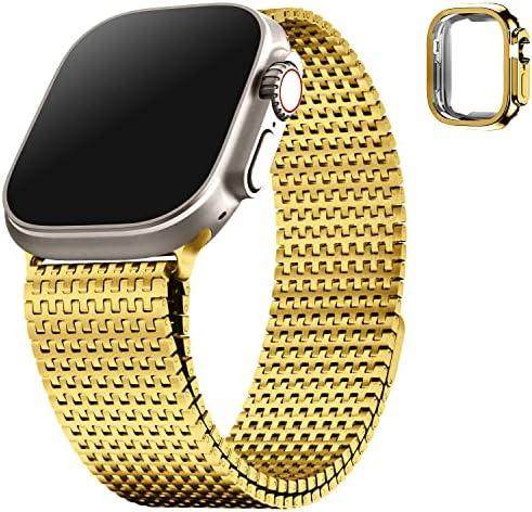 Fullmosa Compatible Apple Watch Bands Ultra/Ultra 2 49mm for Women Men, Stainless Steel Mesh Loop Magnetic Clasp iWatch Band with TPU Case for Apple Watch, Golden