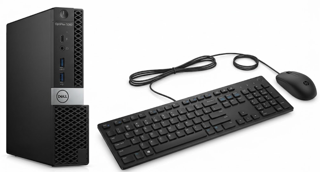 Dell OptiPlex 5060 Micro Intel Core i5-8500T 2.1GHz, 16GB RAM, 256GB SSD, Windows 11 Pro 64bit and HP 128 Laser Wired Mouse - Laser - Cable - USB - 1200 dpi - Scroll Wheel, Dell 1293 Wired Keyboard - KB216p