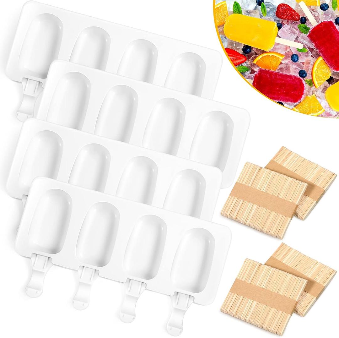 4 Pieces Ice Cream Mould lolly Mold Silicone Ice Cream Mold 4-Cavity Cake Pop Molds Baking Molds with 200 Pieces Sticks for Homemade Treats(Classic Style)