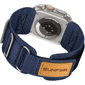 SUNFWR Rugged Nylon Band for Apple Watch Ultra 2&1 49mm 46mm 45mm 44mm 42mm Men, Velcro Tactical Military Strap for iWatch Series 10/9/8/7/6/5/4/3/2/1/SE (Blue/Titanium)