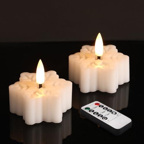Girimax White Snowflakes Flameless Tealights with Remote Timer, Christmas LED Tea Votive Candles Battery Operated, Set of 2