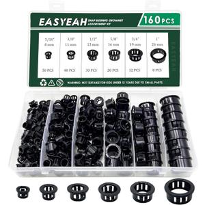 160 Pcs 6 Sizes Cable Snap-in Knockout Insulating Bushing Grommets Assortment Kit, 5/16, 3/8, 1/2, 5/8, 3/4, 1 Black Nylon Plastic Hole Grommets for Wiring, Wire Cord Hose Tubing Protector