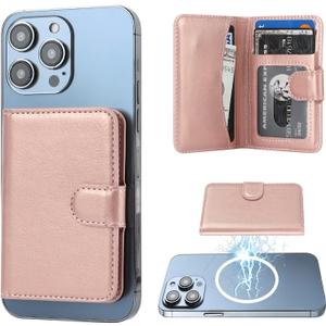 Bocasal for MagSafe Wallet Magnetic Card Holder, RFID Blocking Leather Card Slots for iPhone 16/15/14/13/12 Pro/Max/Plus, Adjustable Kickstand Flip Mag Safe Wallet (Rose Gold)